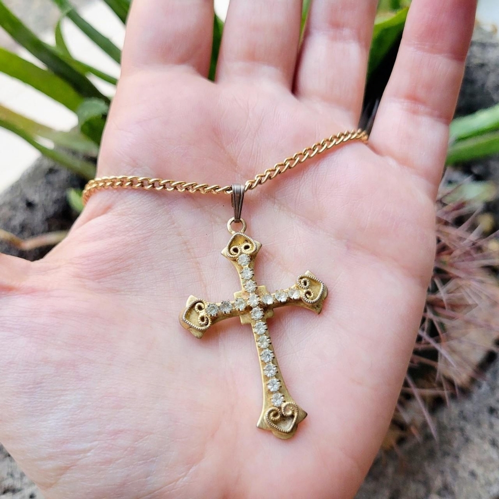 Vintage Ornate Gold German Rhinestone Necklace
